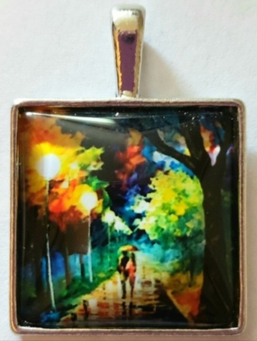 Colorful Watercolor Trees Painting Art Print Picture Tile Long Sweater Necklace